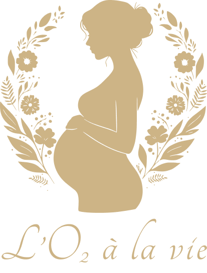Silhouette de femme enceinte entourée de fleurs, texte "L'O₂ à la vie".